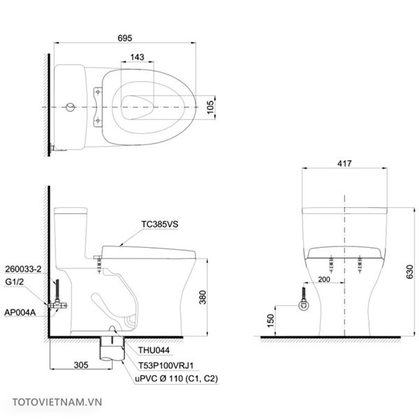 Bản vẽ kỹ thuật bồn cầu MS855DT3