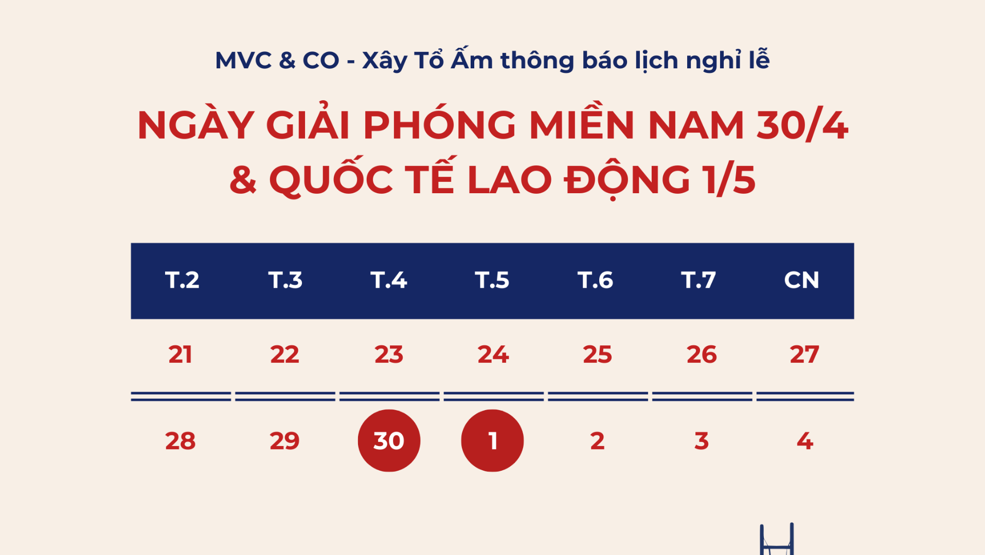 THÔNG BÁO LỊCH NGHỈ LỄ NGÀY GIẢI PHÓNG MIỀN NAM 30/4 & QUỐC TẾ LAO ĐỘNG 1/5