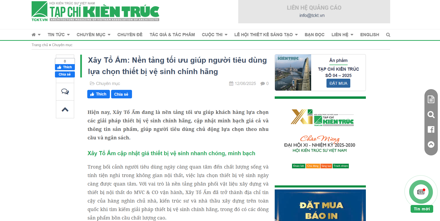 [Tạp chí kiến trúc]  Xây Tổ Ấm: Nền tảng tối ưu giúp người tiêu dùng lựa chọn thiết bị vệ sinh chính hãng