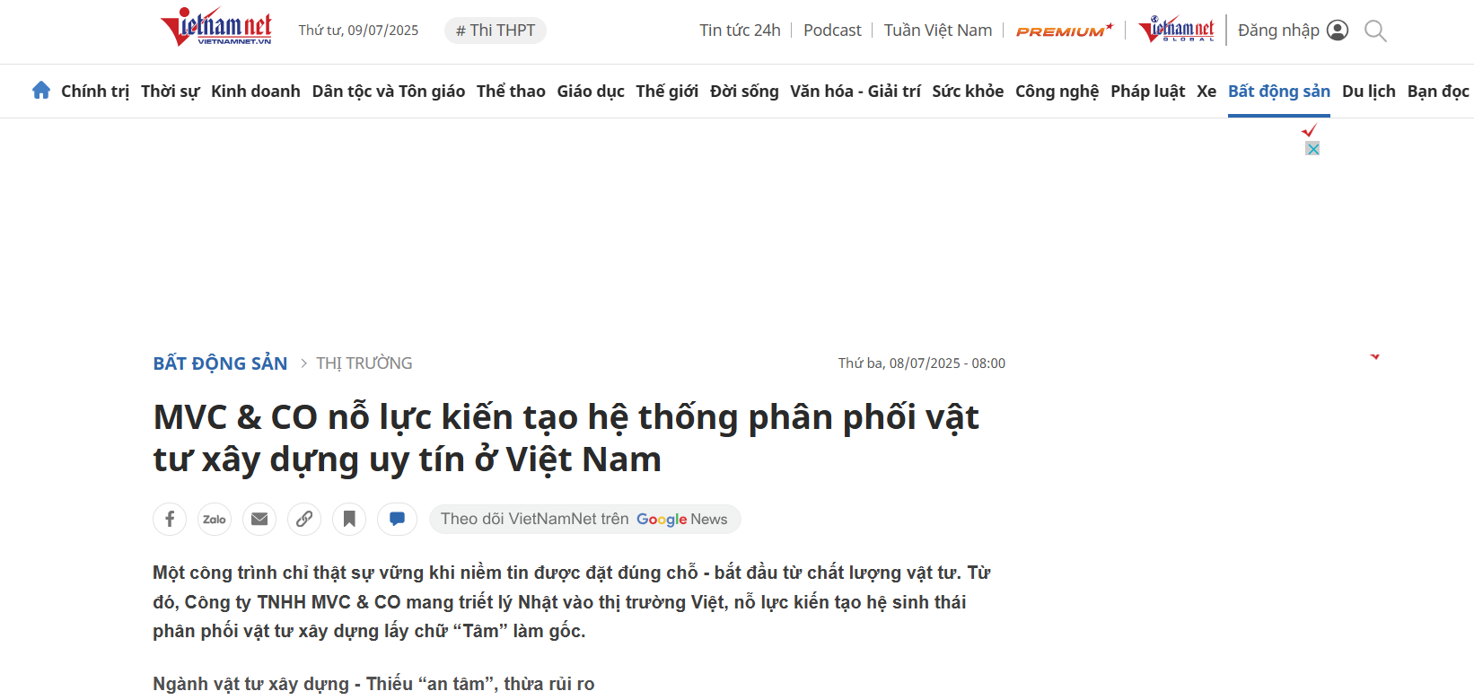 [Vietnamnet] MVC & CO nỗ lực kiến tạo hệ thống phân phối vật tư xây dựng uy tín ở Việt Nam