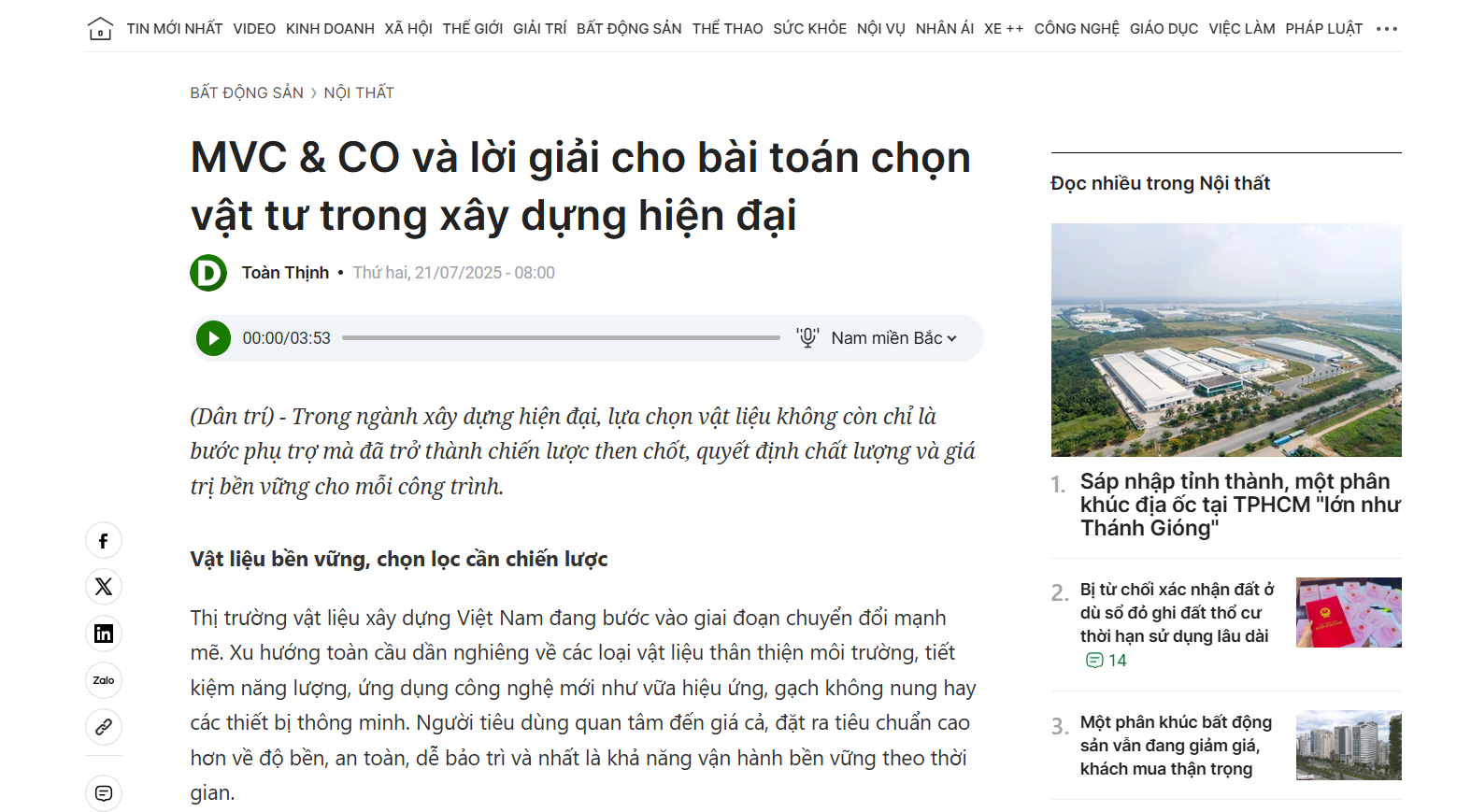 [Dân trí] MVC & CO và lời giải cho bài toán chọn vật tư trong xây dựng hiện đại