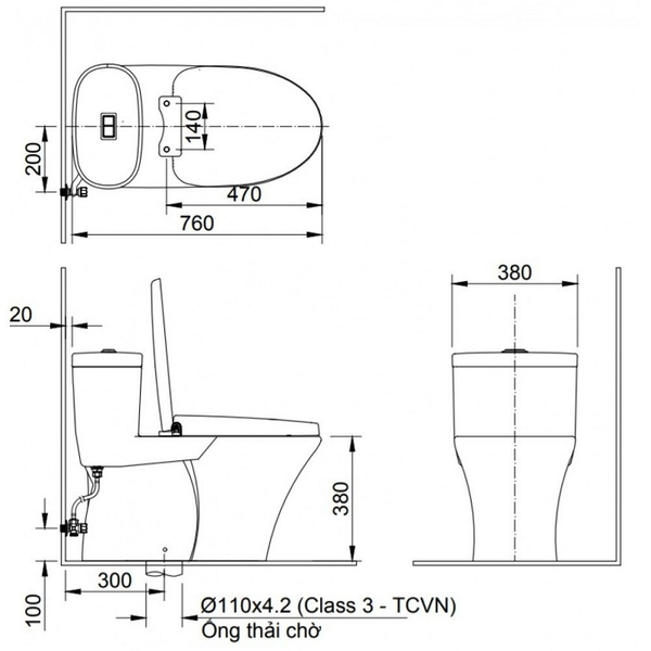 Kích thước bồn cầu 2 khối TOTO CS302DE4W