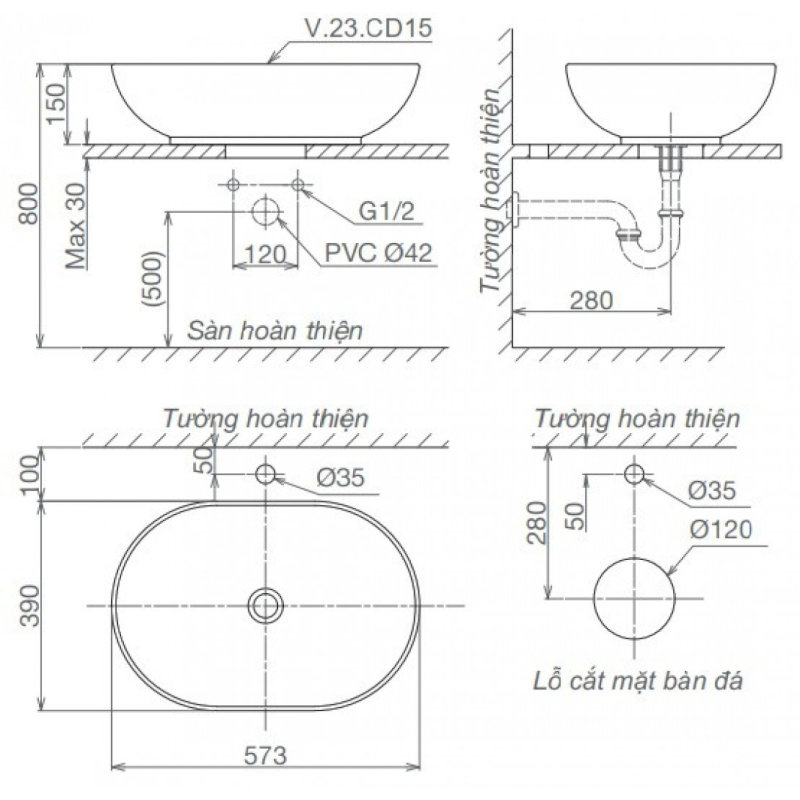 Bản vẽ kỹ thuật chậu rửa đặt bàn thể hiện kích thước, vị trí lắp đặt đường ống cấp/thoát nước và lỗ khoét trên bàn