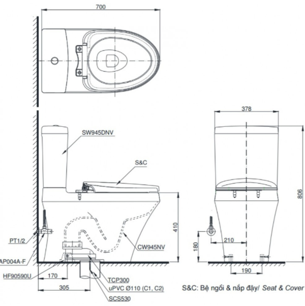 Kích thước bồn cầu 2 khối TOTO CS326DE4XW