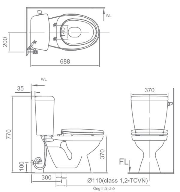 Bản vẽ kích thước bồn cầu 2 khối INAX 