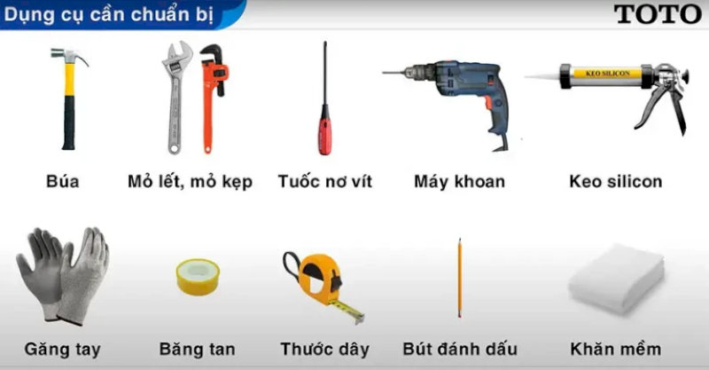 Búa, mỏ lết, tuốc nơ vít, máy khoan, keo silicon và dụng cụ hỗ trợ thi công TOTO