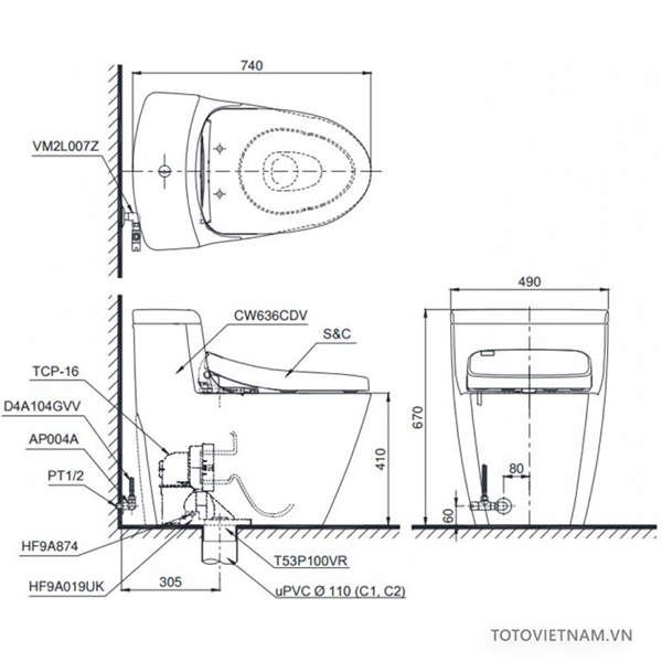 Bản vẽ kỹ thuật về kích thước bồn cầu 1 khối TOTO MS636DT8#XW