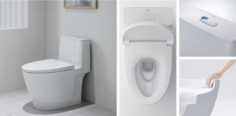 Bồn cầu một khối màu trắng với nắp rửa điện tử tích hợp, thiết kế hiện đại và sang trọng.