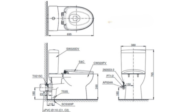 Kích thước bồn cầu 2 khối  TOTO CS986GE4XW