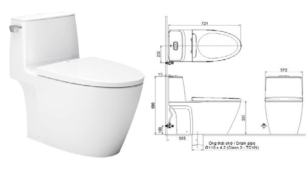 Kích thước của 1 mẫu bồn cầu 1 khối điển hình trên thị trường 