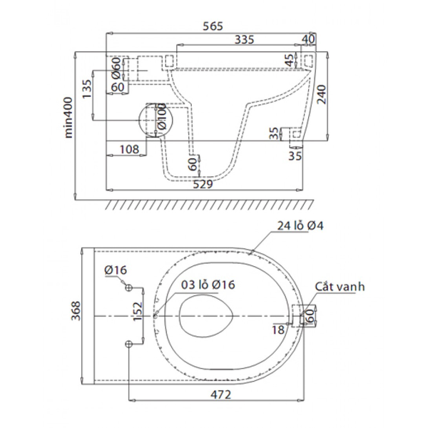 Bàn vẽ kỹ thuật của bồn cầu treo VIGLACERA