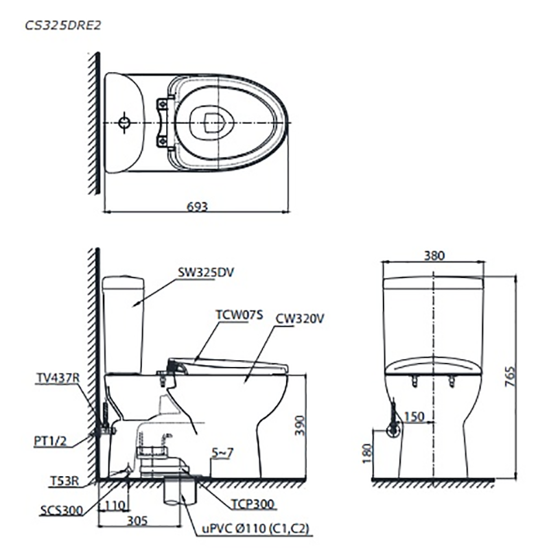 Bản vẽ kích thước bồn cầu TOTO 2 