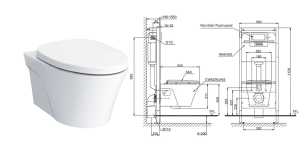 Hình ảnh và kích thước minh họa của bồn cầu treo tường (âm tường)
