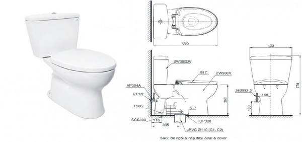 Hình ảnh kích thước bồn cầu 2 khối điển hình trên thị trường hiện nay