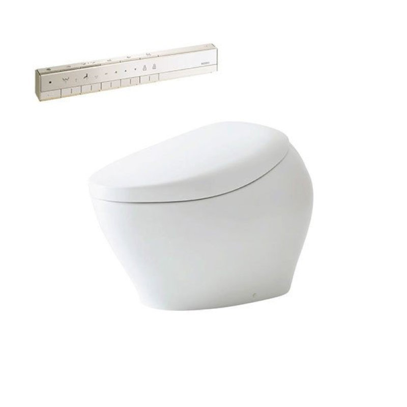Bồn cầu thông minh Toto màu trắng, thiết kế hiện đại có điều khiển từ xa và nắp tự động đóng/mở