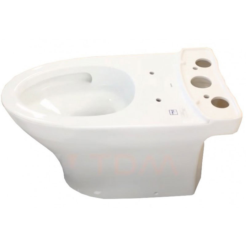  Thân bồn cầu bằng sứ màu trắng với các lỗ chờ lắp két nước và phụ kiện xả nước