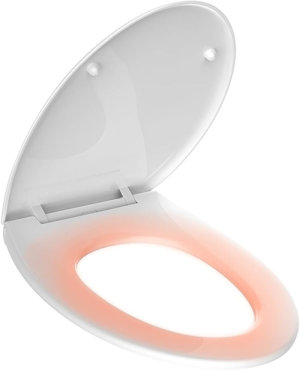 Nắp bồn cầu Toto Washlet sưởi ấm màu trắng với đèn báo nhiệt độ.