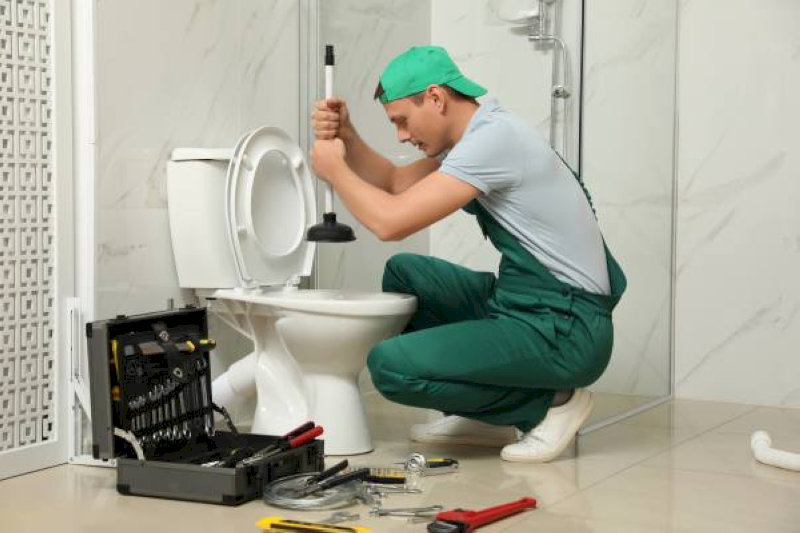 Thợ thông tắc chuyên nghiệp đang dùng pittong cao su mạnh để xử lý bồn cầu nghẹt trong phòng tắm hiện đại