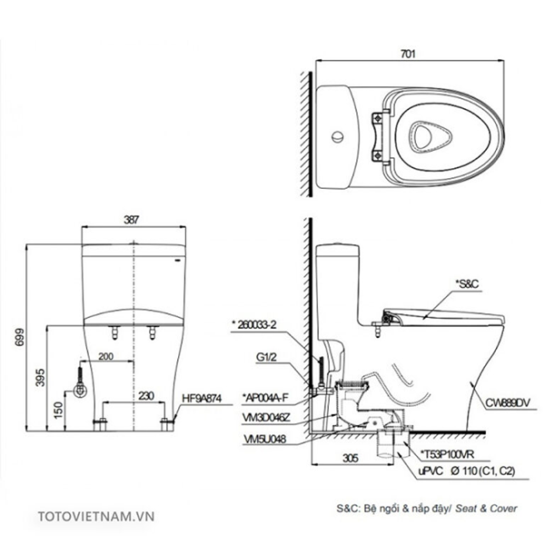 Bản vẽ kích thước bồn cầu 1 khối Toto ms889dt8