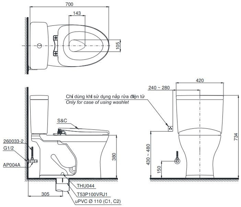 Bản vẽ chi tiết bồn cầu TOTO thông minh 