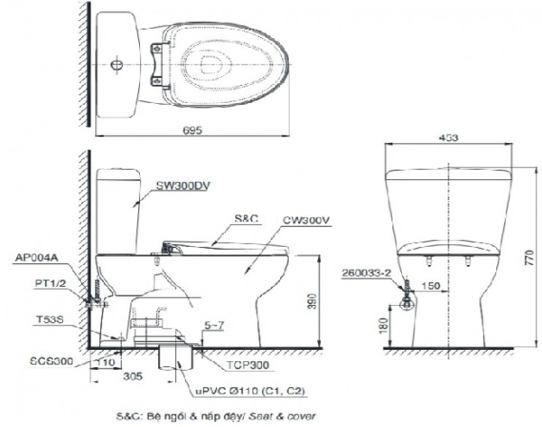 Kích thước bồn cầu 2 khối TOTO CS300DRE4W