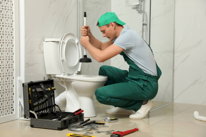 Thợ thông bồn cầu chuyên nghiệp đang dùng pittong thông bồn cầu