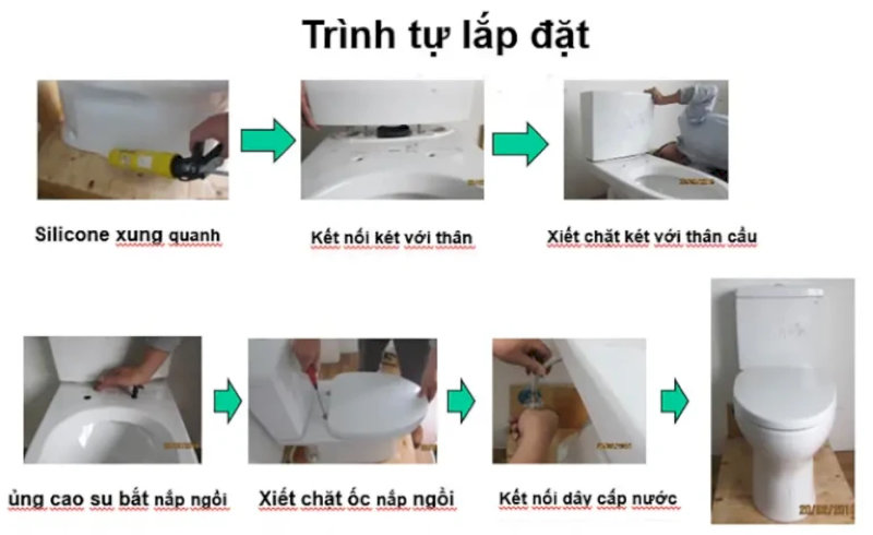 Các bước bôi silicone, kết nối két nước, bắt nắp ngồi và nối dây cấp khi lắp bồn cầu