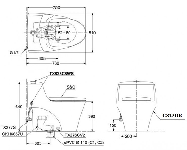 Bản vẽ kĩ thuật của bồn Cầu TOTO MS823DRT8#XW