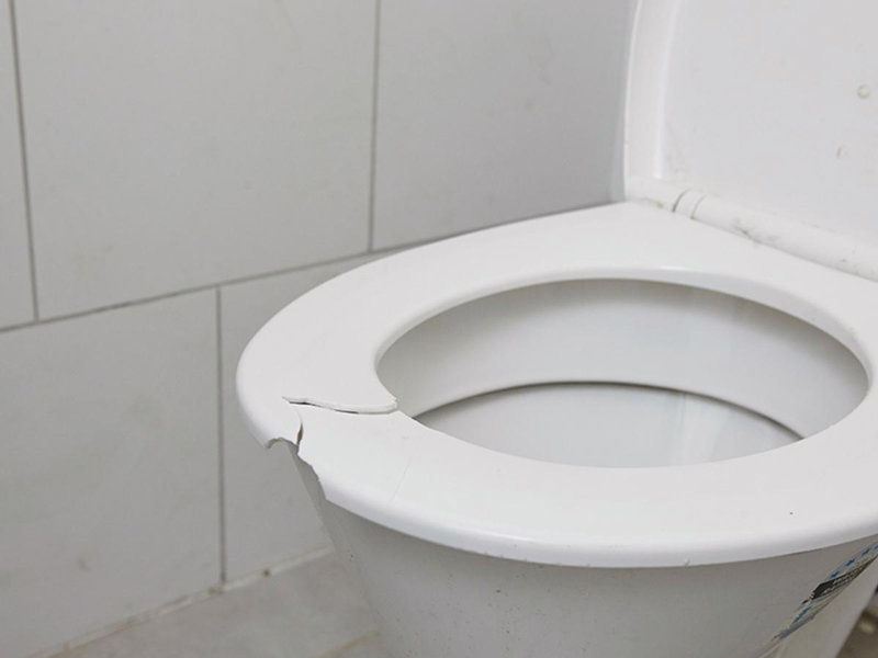 Nắp bồn cầu bị hỏng với vết nứt rõ ràng, gây nguy cơ mất an toàn khi sử dụng trong nhà vệ sinh.