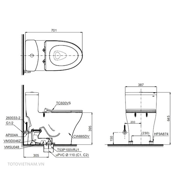 Bản vẽ kỹ thuật kích thước bồn cầu 1 khối TOTO MS885DT8#XW