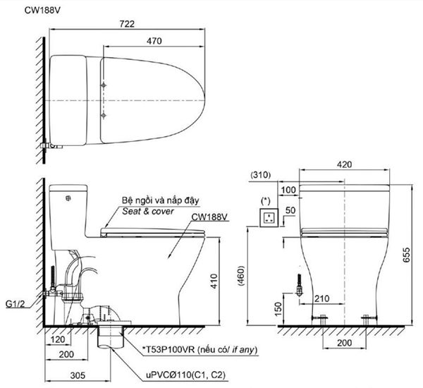Kích thước bồn cầu 1 khối cho phòng tắm lớn