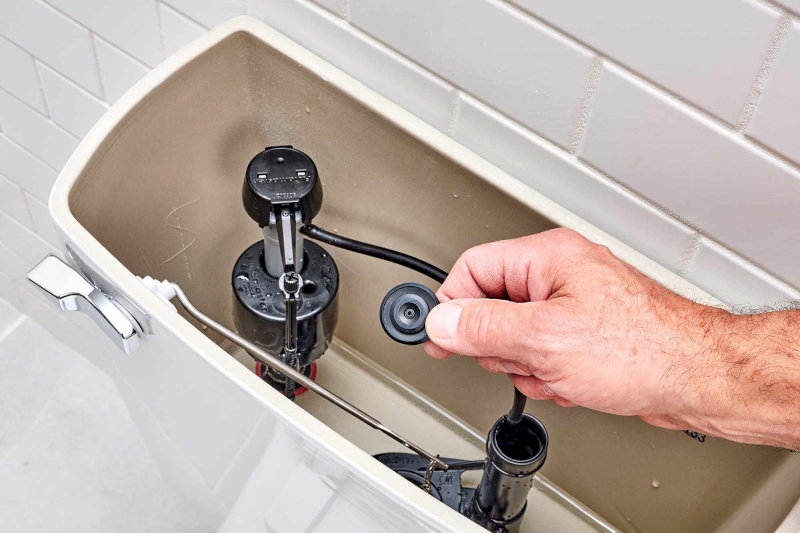 Tay đang giữ bộ phận của van cấp nước màu đen, có thể là van xả phụ hoặc bộ phận điều chỉnh mực nước
