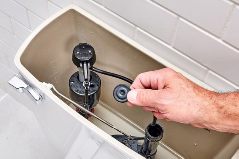 Tay người đàn ông đang lắp đặt hoặc kiểm tra bộ phận van xả màu đen bên trong bồn cầu