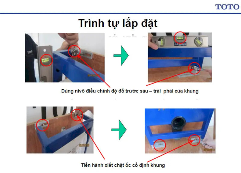 hướng dẫn trình tự lắp đặt bồn cầu treo tường TOTO, bao gồm căn chỉnh độ cân bằng và siết chặt ốc cố định khung.