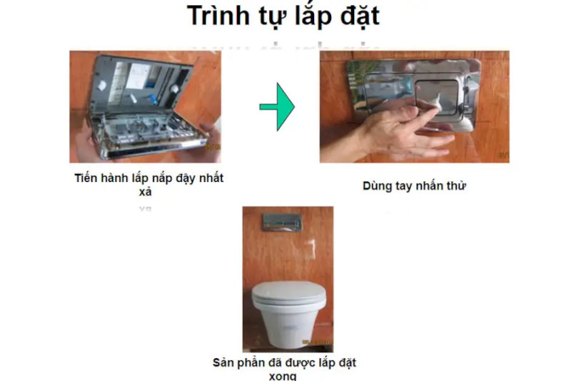hướng dẫn lắp đặt bồn cầu treo tường TOTO, tập trung vào bước lắp đặt và kiểm tra nút nhấn xả sau khi hoàn thiện.
