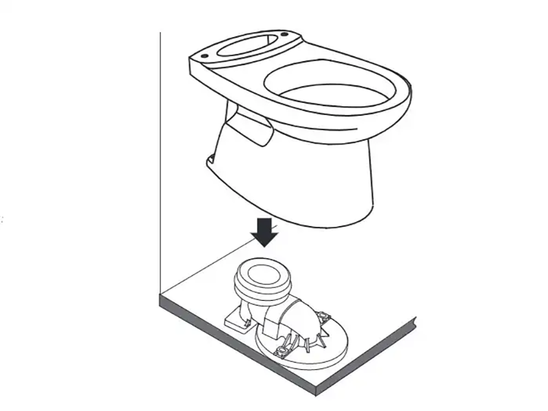 Đặt bàn cầu lên đế thải sao cho lỗ thoát bồn cầu cắm vào trong miệng đế thải