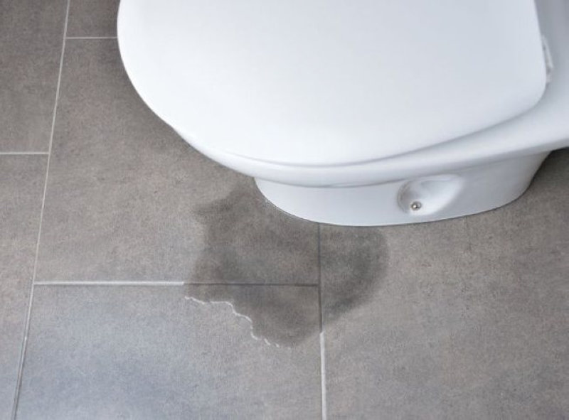 Vết nước rò rỉ loang lổ từ đáy bồn cầu gây ẩm sàn gạch xám trong nhà vệ sinh