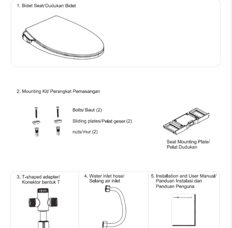 Hình minh họa nắp bidet, tấm gắn, bu lông, ốc, ống cấp nước, đầu nối chữ T và sách hướng dẫn lắp đặt