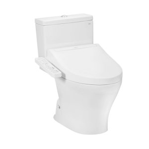 Bồn cầu Toto hai khối CS326DW16 màu trắng với nắp rửa điện tử hiện đại bên phải.