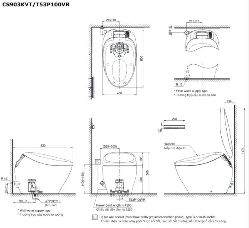Bản vẽ kỹ thuật bồn cầu thông minh Toto gồm kích thước chi tiết, cấu tạo bồn cầu đầy đủ với các bộ phận như thần cầu, nắp rửa điện tử, bệ ngồi và các phụ kiện khác.
