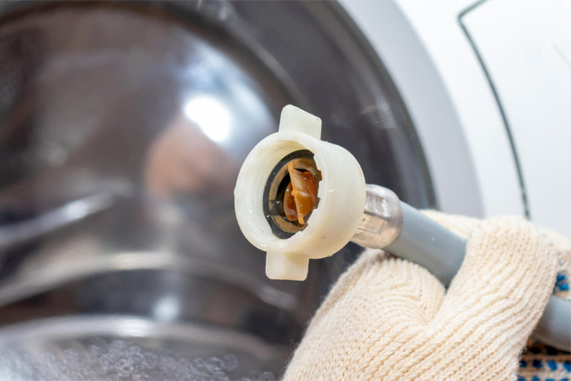 Ống cấp nước máy giặt với đầu nối bị rỉ sét do sử dụng lâu ngày.