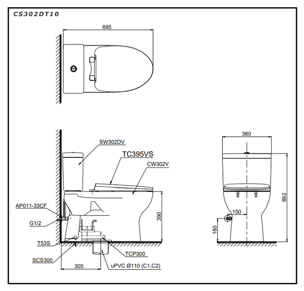 Kích thước bồn cầu 2 khối TOTO CS302DT10
