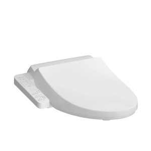 Nắp rửa điện tử Toto có bệ ngồi Washlet màu trắng với bảng điều khiển bên trái.